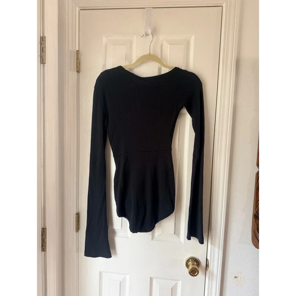 A.W.A.K.E. MODE Asymmetric Neck Playsuit Black Ribbed‎ Cotton Bell Sleeve MEDIUM